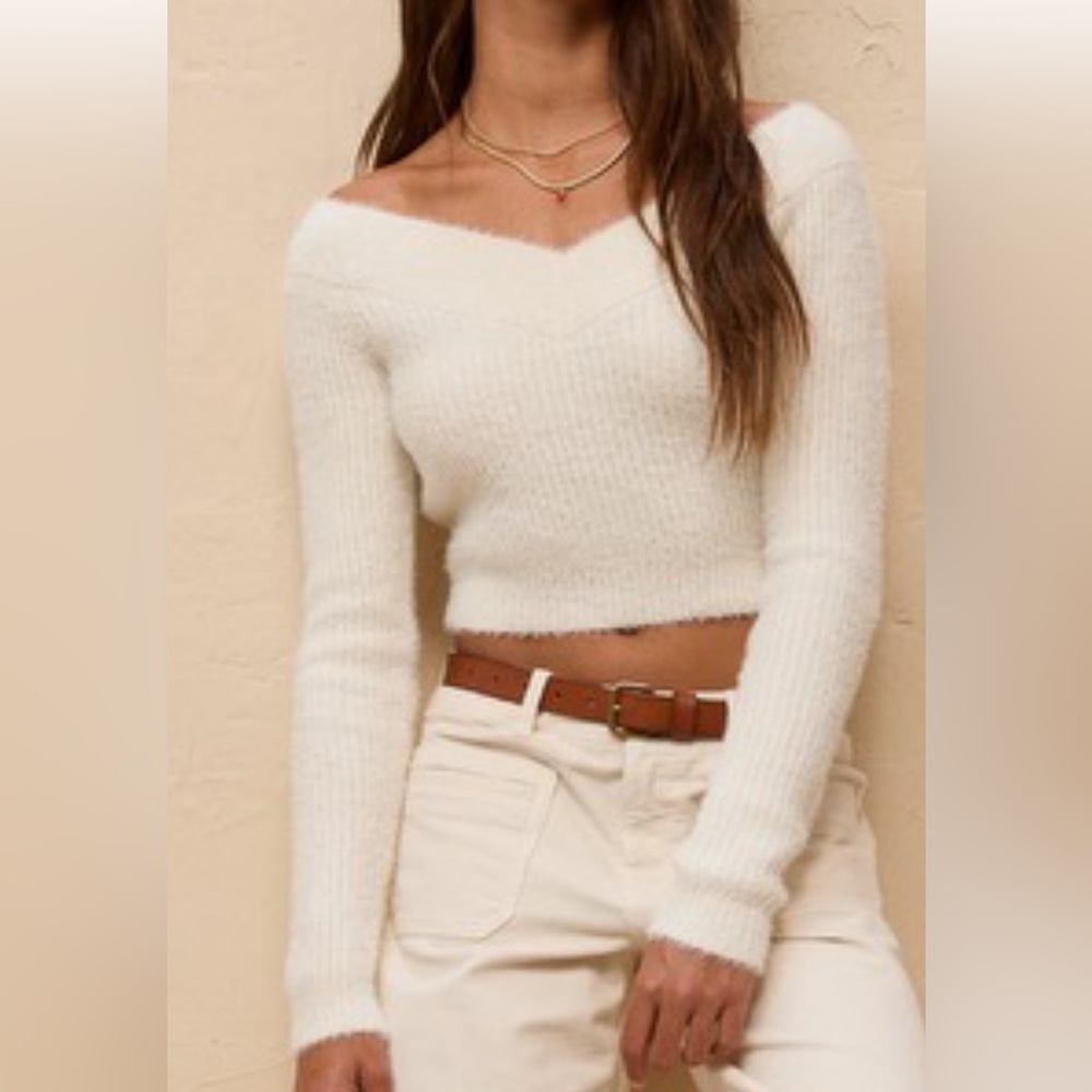 American Eagle Outfitters Cream Off-Shoulder Sweater